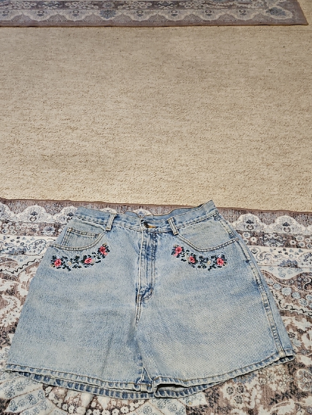 OVO Light Blue Denim Jean Shorts with Floral Embroidery